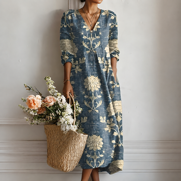 Margrit™ | Εlegant Boho-Midikleid με λουλούδια σε indigo
